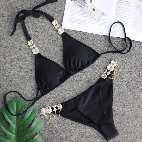 BLACK TRIANGLE BIKINI W/ CRYSTAL EMBELLISHMENTS - Picture 2 of 4